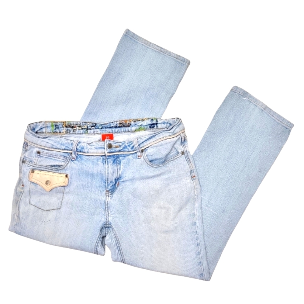 Funky Request Painted leather pocket and waist Graphic wide leg Jeans